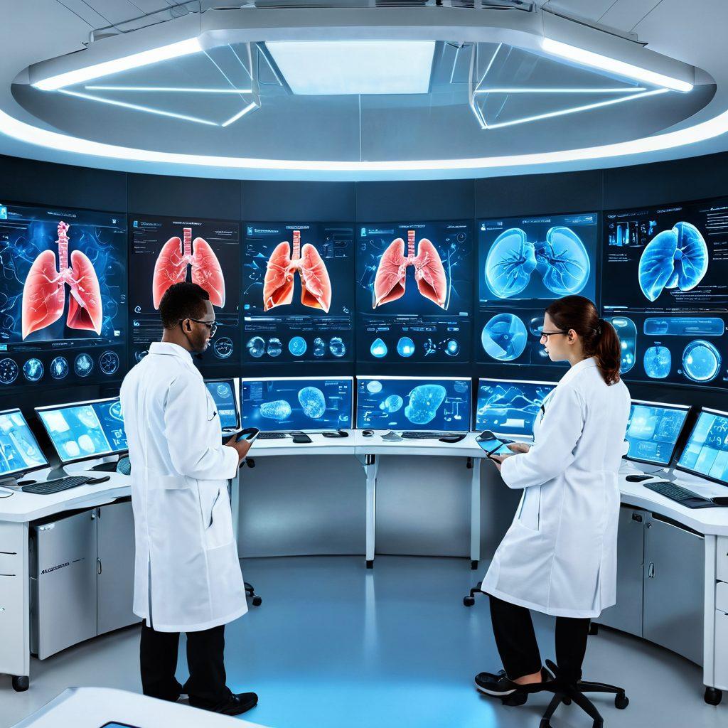 A sophisticated medical research laboratory showcasing a futuristic setup with scientists interacting with augmented reality displays. Include detailed visual representations of lung anatomy, innovative medical devices for lung protection, and graphs highlighting patient care advancements. The atmosphere should be dynamic, illustrating the intersection of technology and healthcare. vibrant colors. super-realistic. 3D.