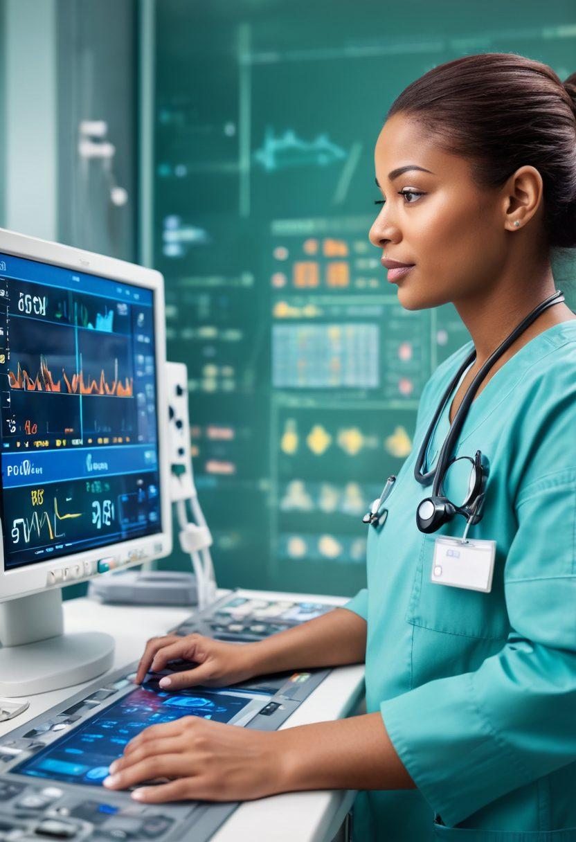 A healthcare professional in a hospital setting monitoring a patient on a ventilator, surrounded by advanced medical equipment and charts. The background showcases a dynamic digital representation of the human respiratory system, emphasizing the challenges of Acute Respiratory Distress Syndrome. Soft, calming colors create an atmosphere of hope and professionalism. super-realistic. vibrant colors. medical illustration.